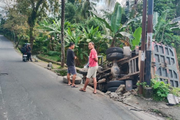 Pecah Ban, Truk Terguling Dan Terperosok Ke Saluran Irigasi 1