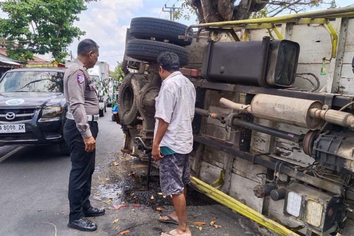 As Pendek Patah, Truk Bermuatan Pupuk Kandang Terguling 1