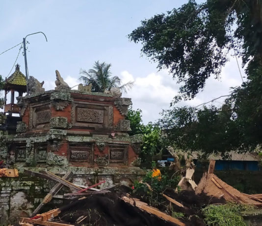 Dahan Beringin Patah Rusak Bale Kulkul di Pura Puser Tasik