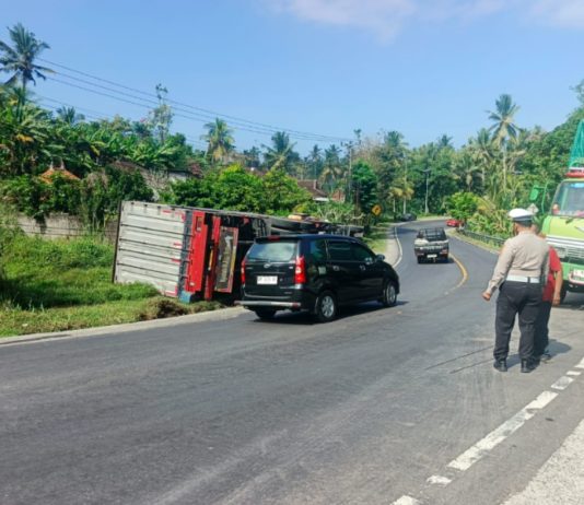 Hindari Kendaraan Lain, Truk Tronton Terguling di Tanjakan Rudias Pekutatan