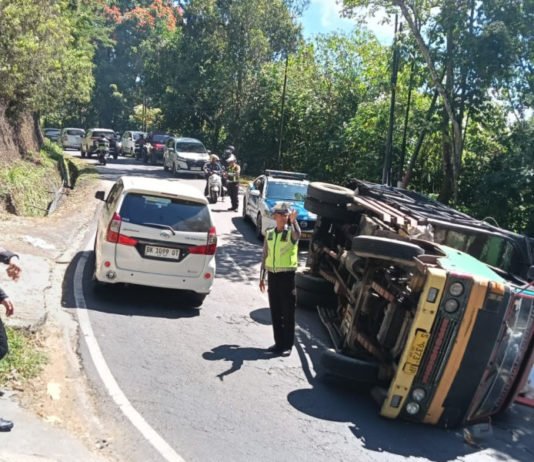 Truk Pupuk Sekam Terguling di Jalur Penelokan