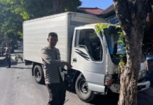 Alami Pecah Ban, Truk Box Tabrak Pohon Perindang di Subagan